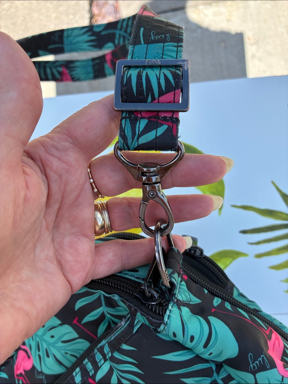 Lug Flamingo Print Crossbody Bag - Black, Pink & Teal - Picture 13 of 15